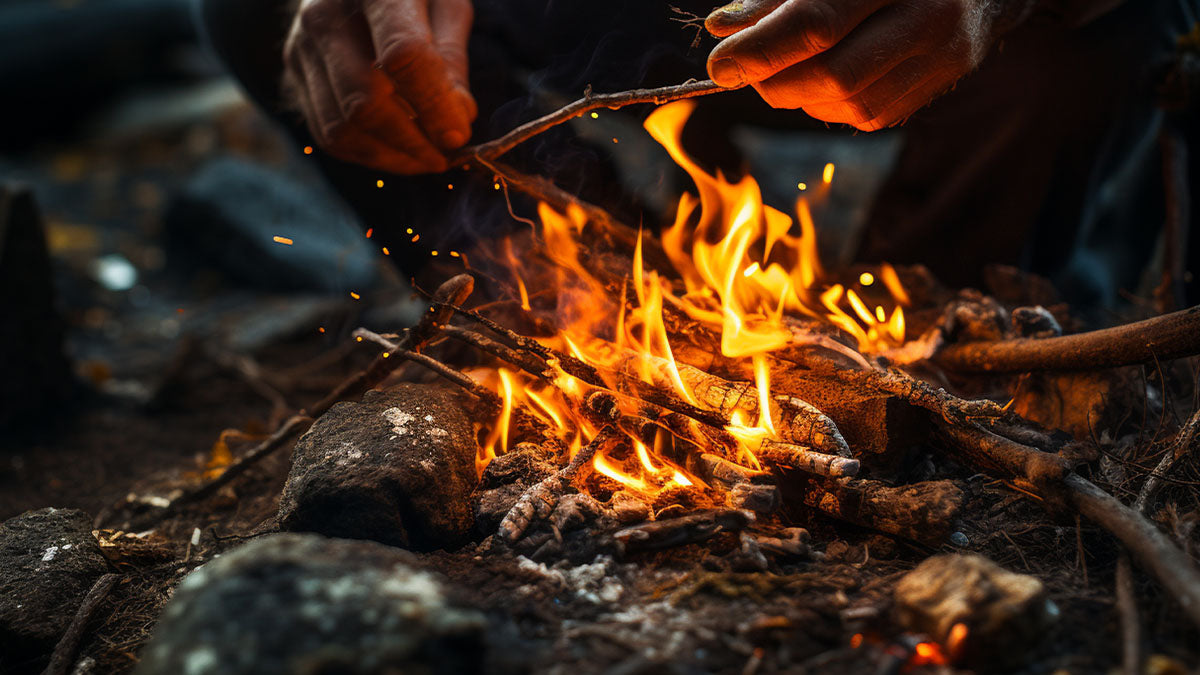 Someone holding their hands over a fire trying to keep warm.