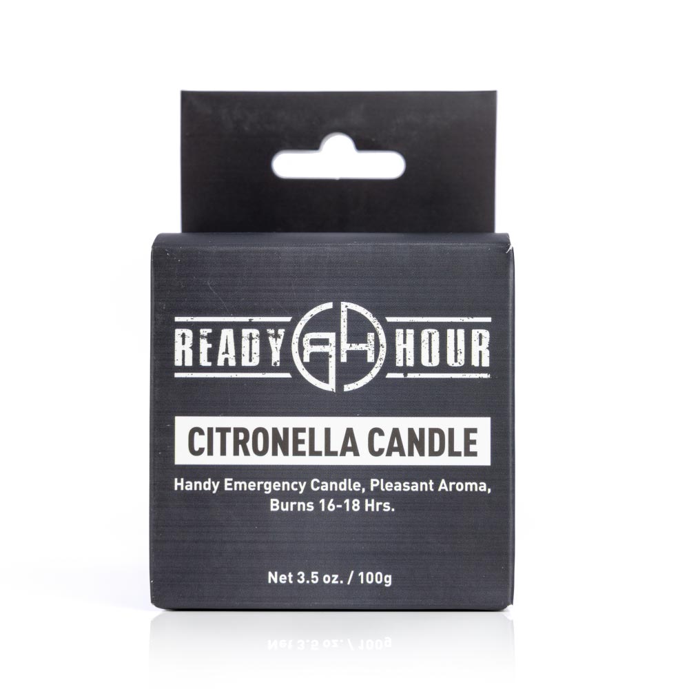Front view of citronella candle by ready hour packaging