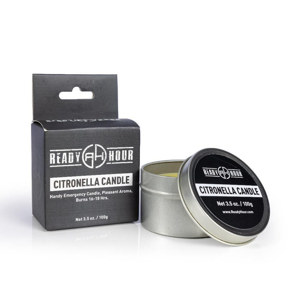 citronella candle by ready hour sitting next to packaging