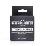 Front view of citronella candle by ready hour packaging 