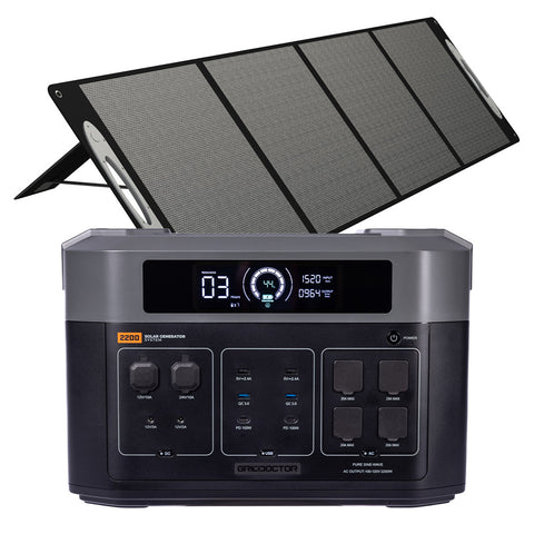 Portable emergency solar power generator system with a 2200 battery unit and foldable solar panels, displayed on a clean white background.