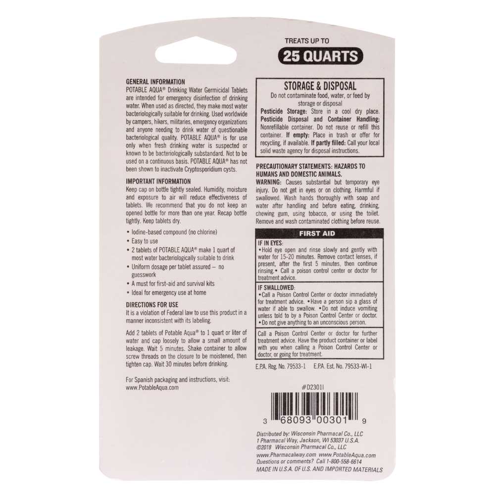 Potable Aqua Drinking Water Treatment (50 germicidal tablets)